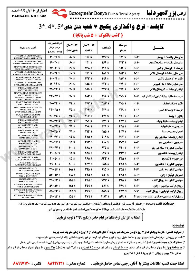 نرخ هتل هاي تايلند / پاييز 92