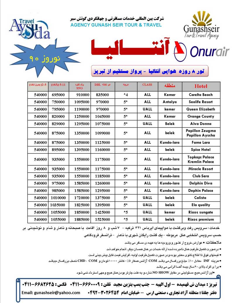 تورهاي آنتاليا نوروز 90 مستقيم از تبريز