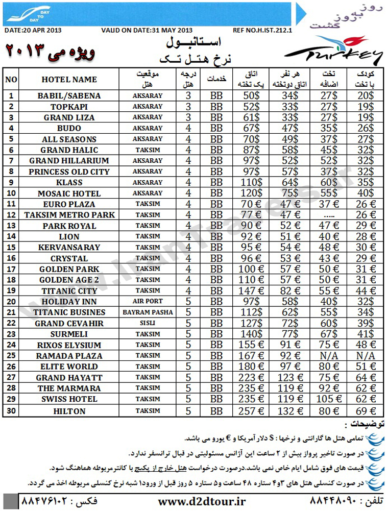 نرخ هتل تک استانبول