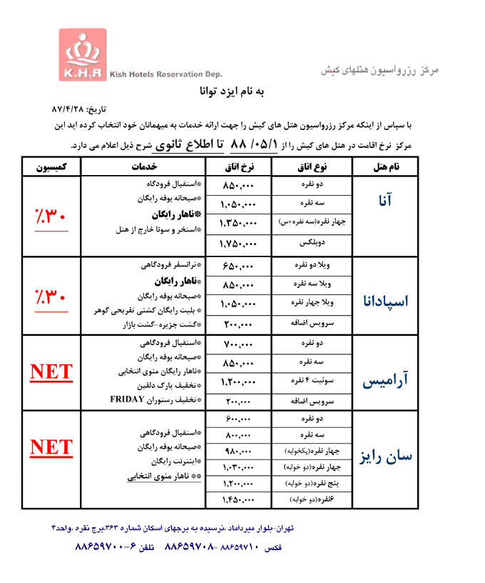 تعرفه هتل هاي  کيش