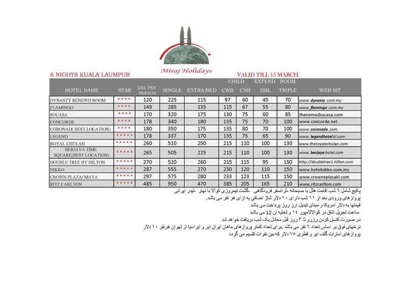 ليست قيمت هتلهاي کوالالامپور-سنگاپور-پنانگ