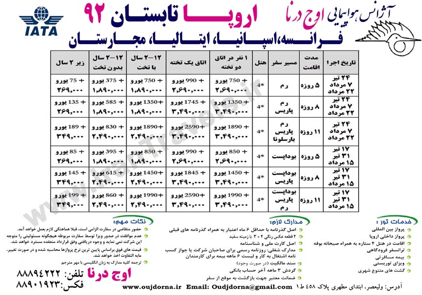 تورهاي اروپا/تابستان 92