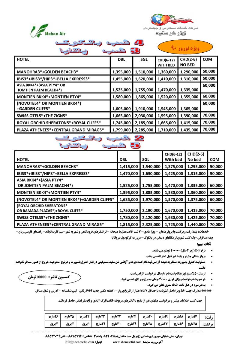 پکيج تورهاي تايلند ويژه نوروز 90