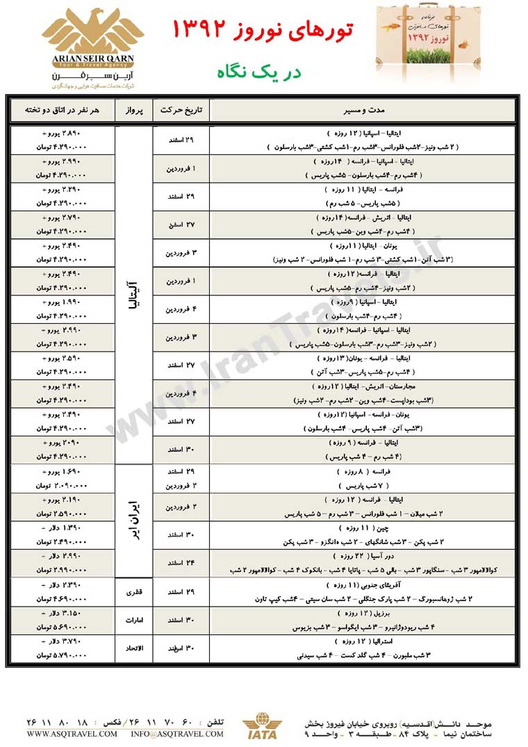 تورهاي اروپايي ويژه نوروز 92