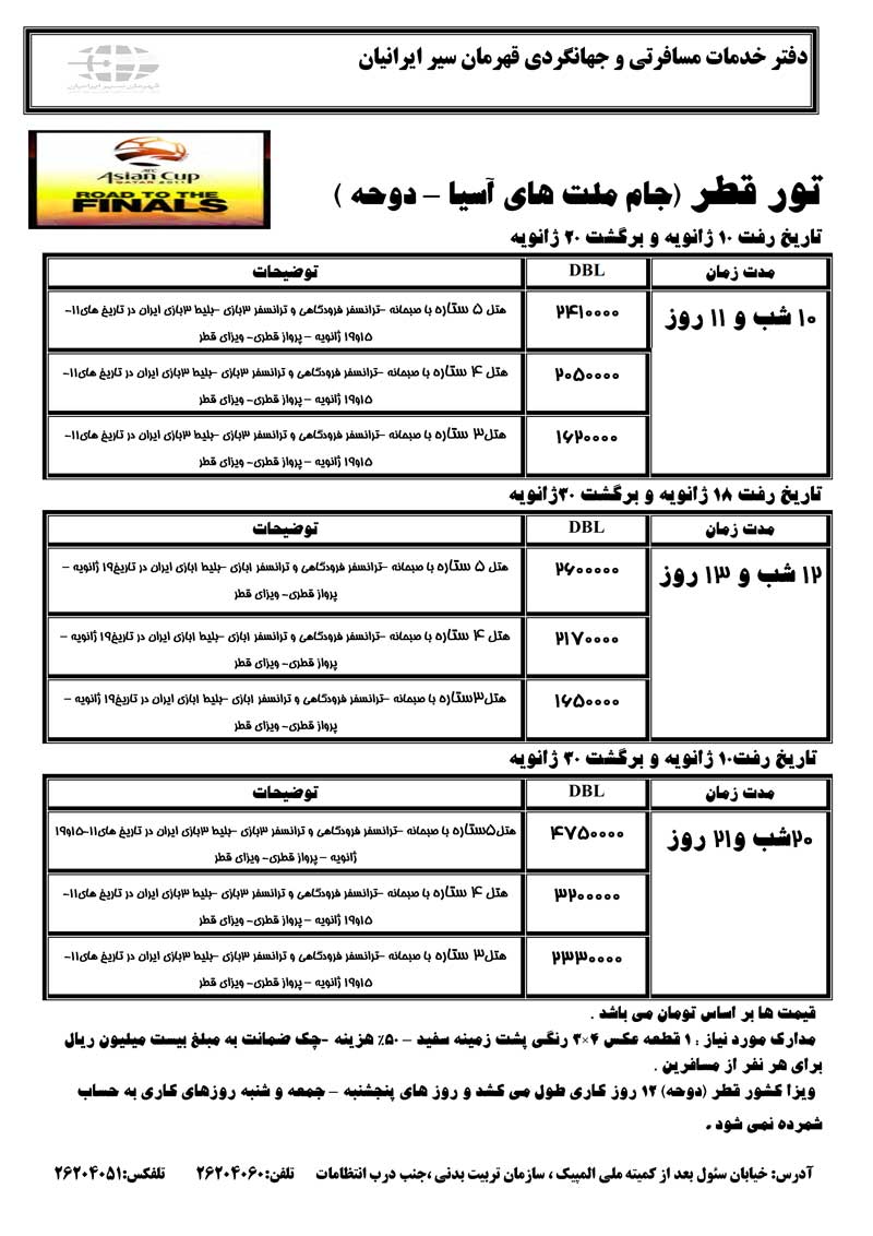 تور قطر (جام ملت هاي آسيا – دوحه ) 