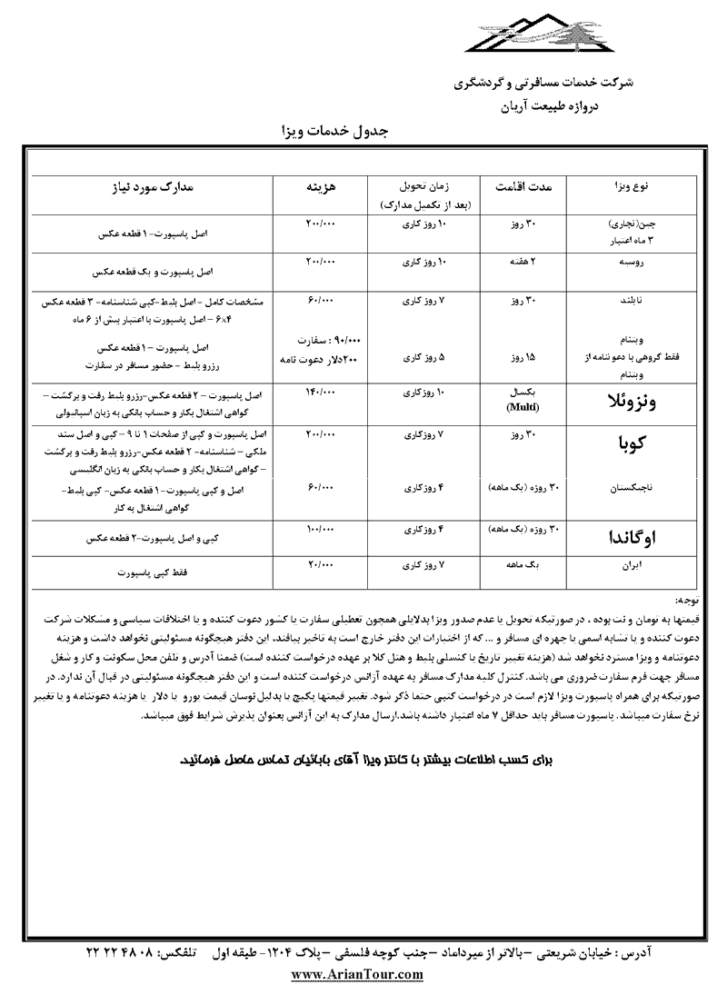 خدمات و نرخ ويزا