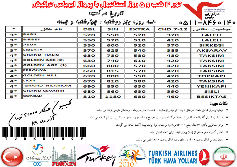 تور ترکيه با پرواز ايرباس ترکيش