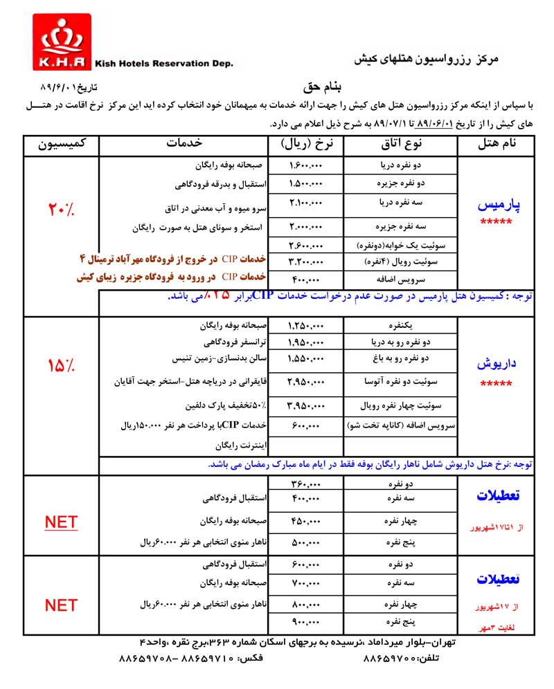 نرخ هتل هاي کيش