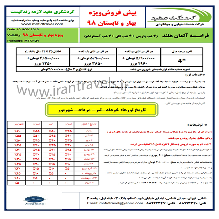 تورهاي اروپايي/ تابستان 98 