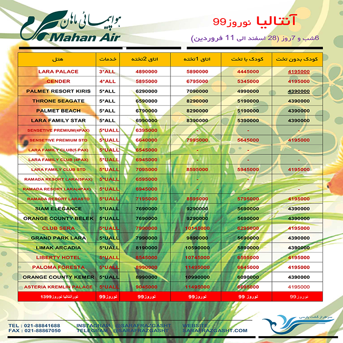 تور آنتاليا / نوروز 99