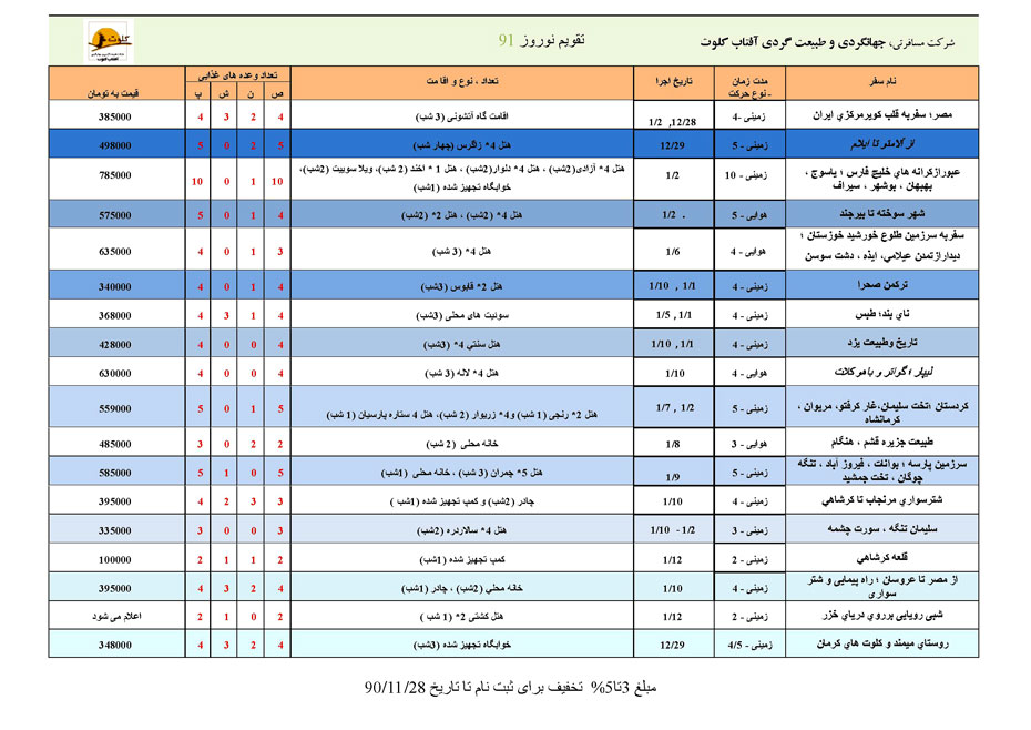 تقويم تورهاي داخلي ويژه نوروز91