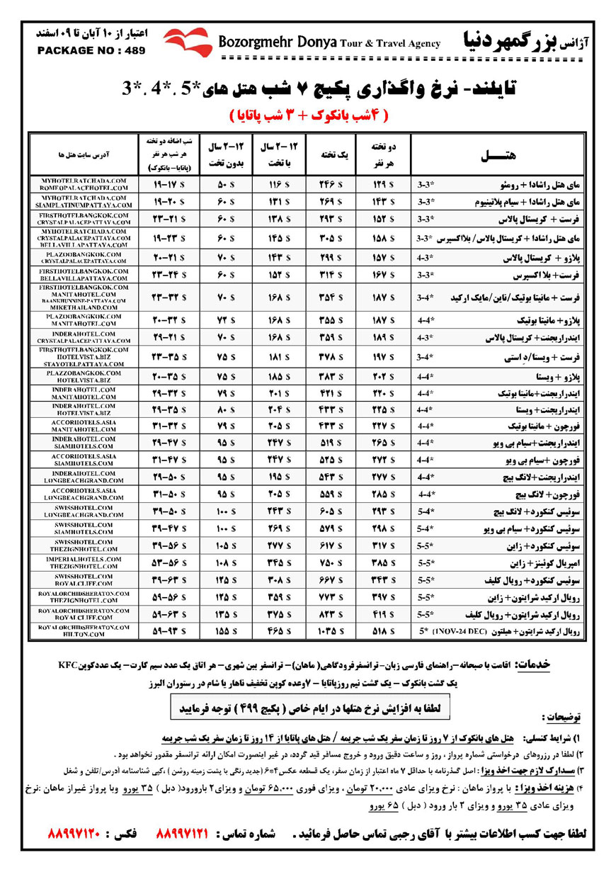 نرخ هتل هاي تايلند / پاييز 92