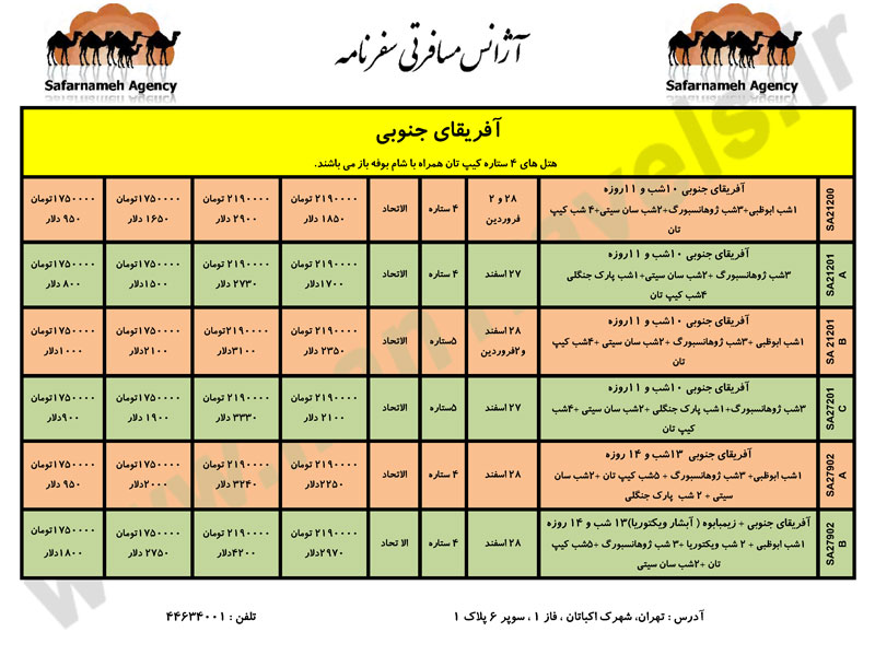 جدول تورهاي نوروز 1391