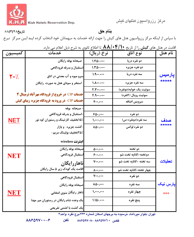 تعرفه هتل هاي  کيش