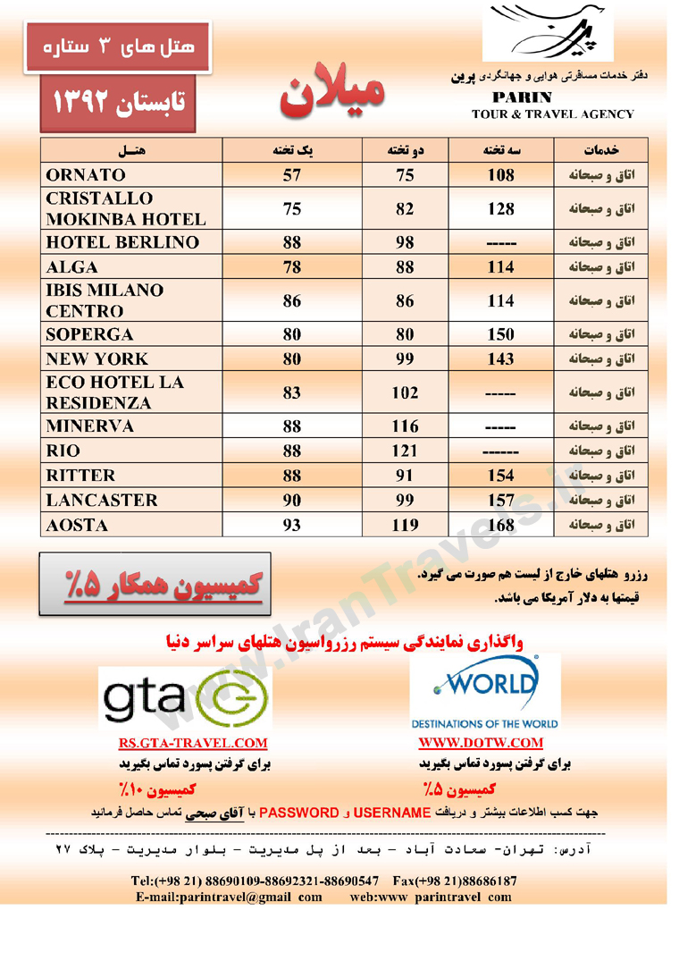 نرخ هتلهاي ميلان / تابستان 92