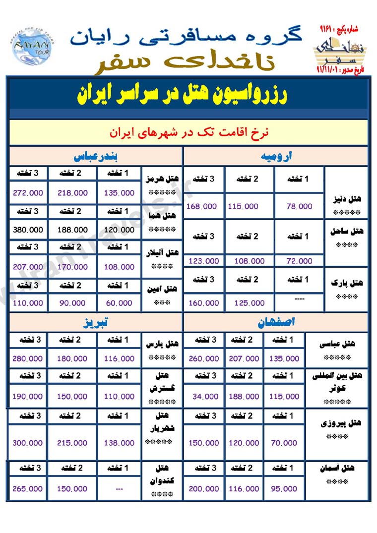 نرخ هتل هاي سراسر ايران