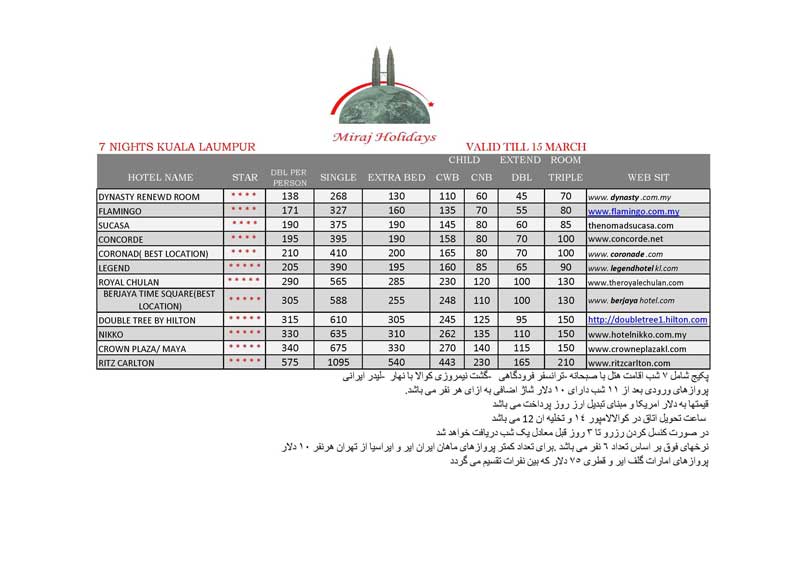 ليست قيمت هتلهاي کوالالامپور-سنگاپور-پنانگ