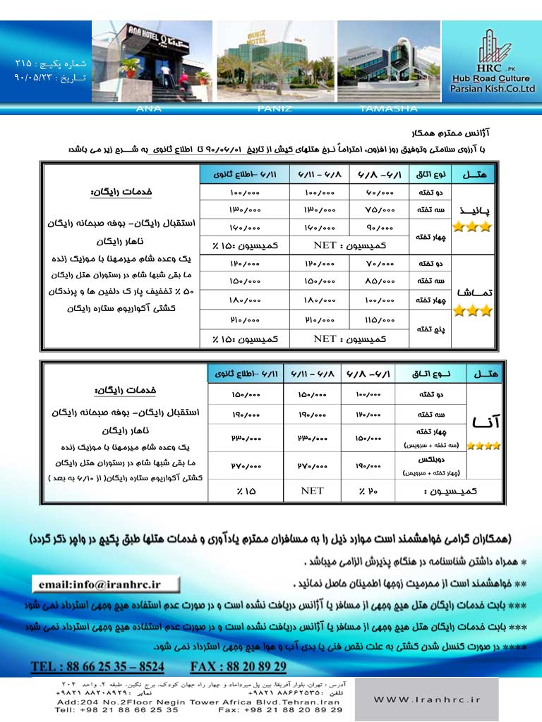 نرخ هتل هاي کيش