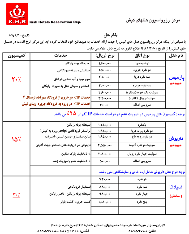 نرخ هتلهاي کيش