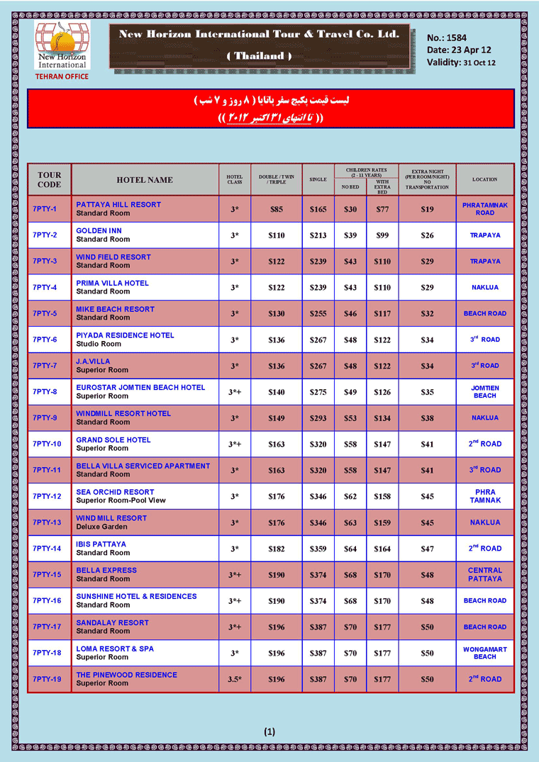 ليست قيمت تورهاي پاتايا