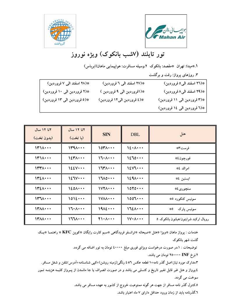 پکيج تورهاي تايلند ويژه نوروز 90