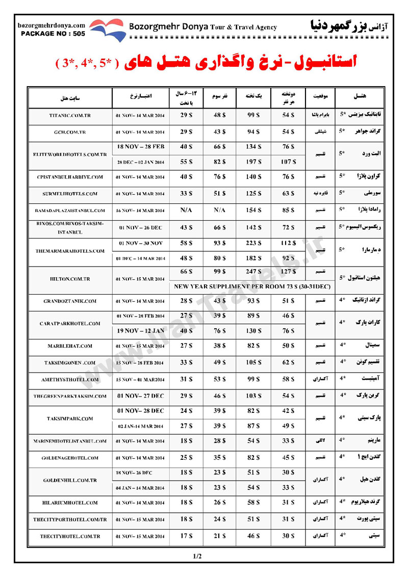 نرخ واگذاري هتل هاي استانبول/ پاييز 92