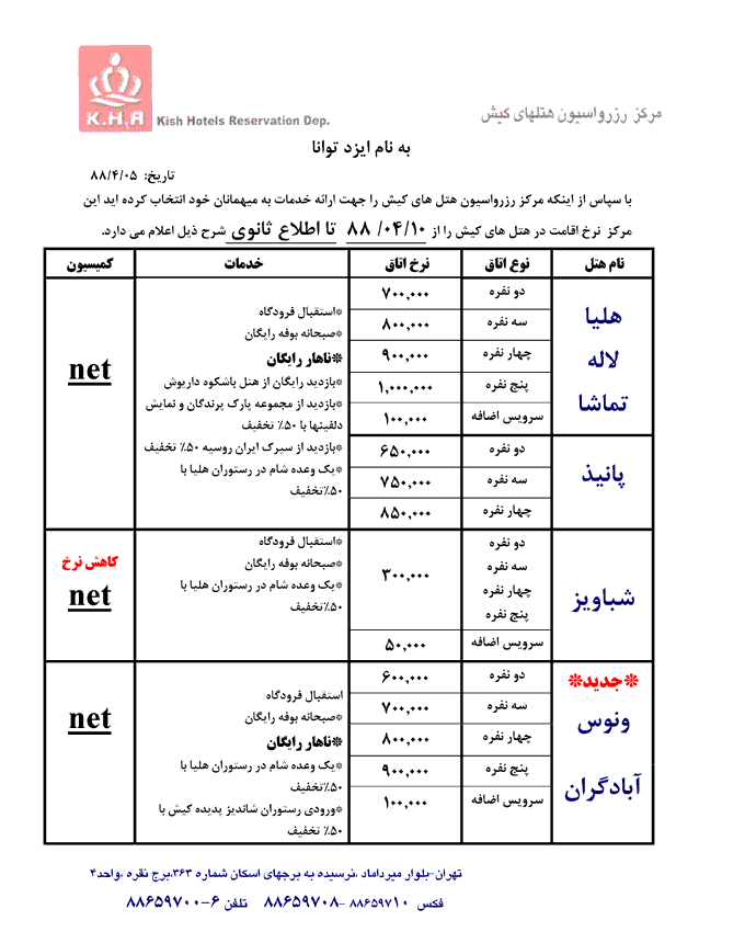 تعرفه هتل هاي  کيش