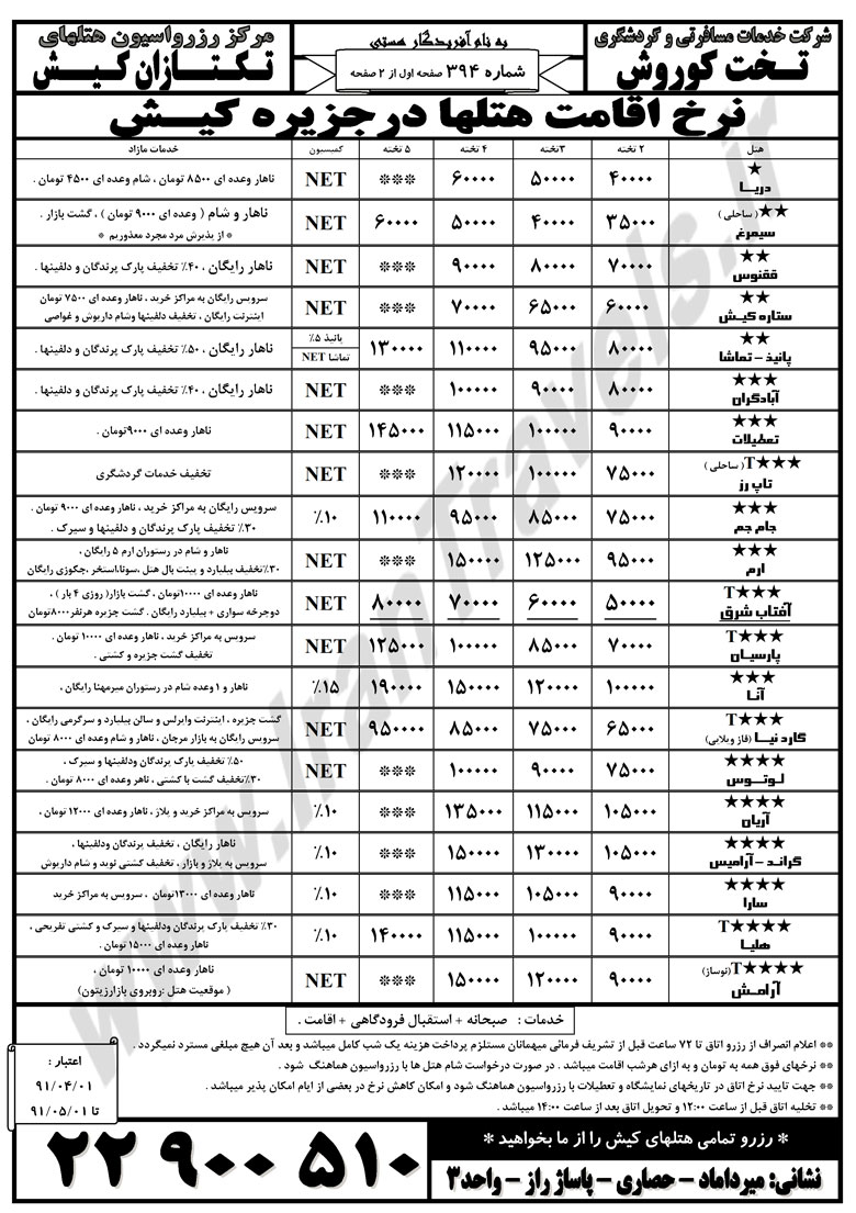 نرخ هتل هاي کيش