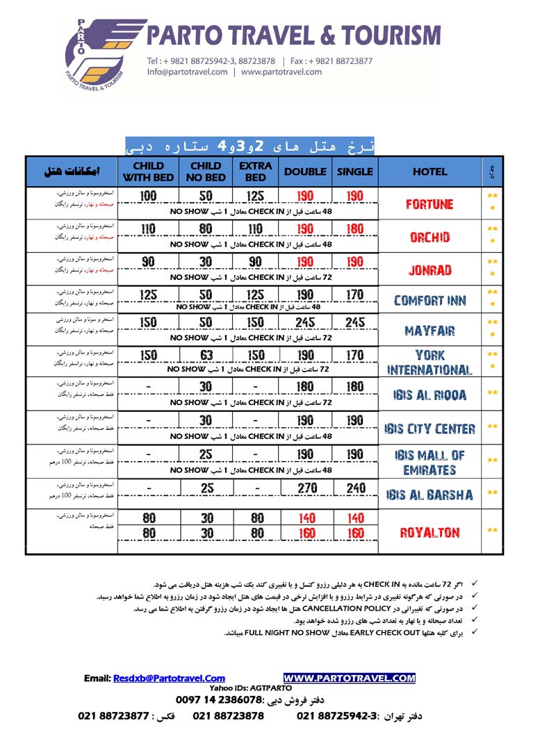 نرخ رزرو هتلهاي دبي