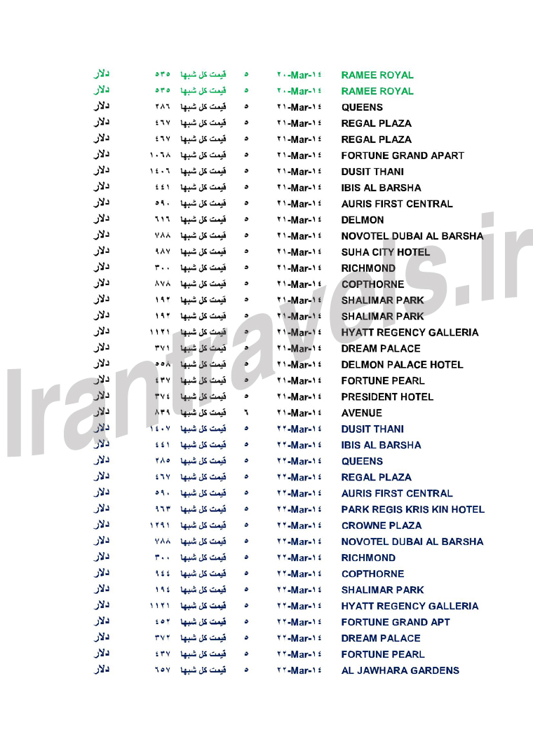 ليست هتلهاي گارانتي براي دبي  / نوروز 1393