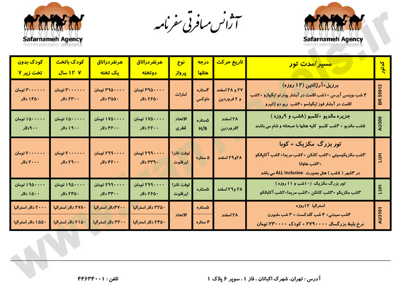 جدول تورهاي نوروز 1391