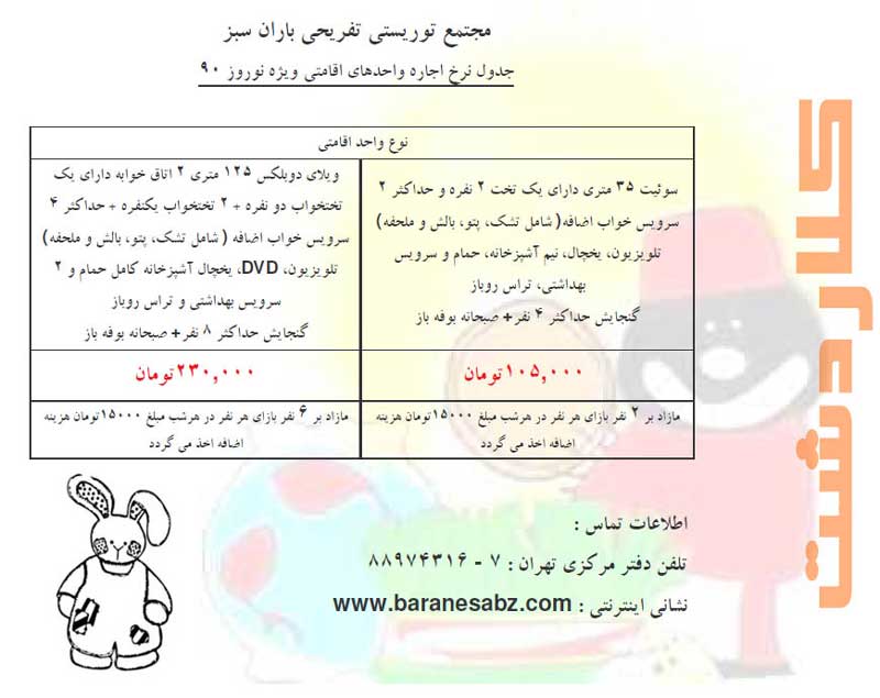 جدول نرخ اجاره واحدهاي اقامتي ويژه نوروز 90