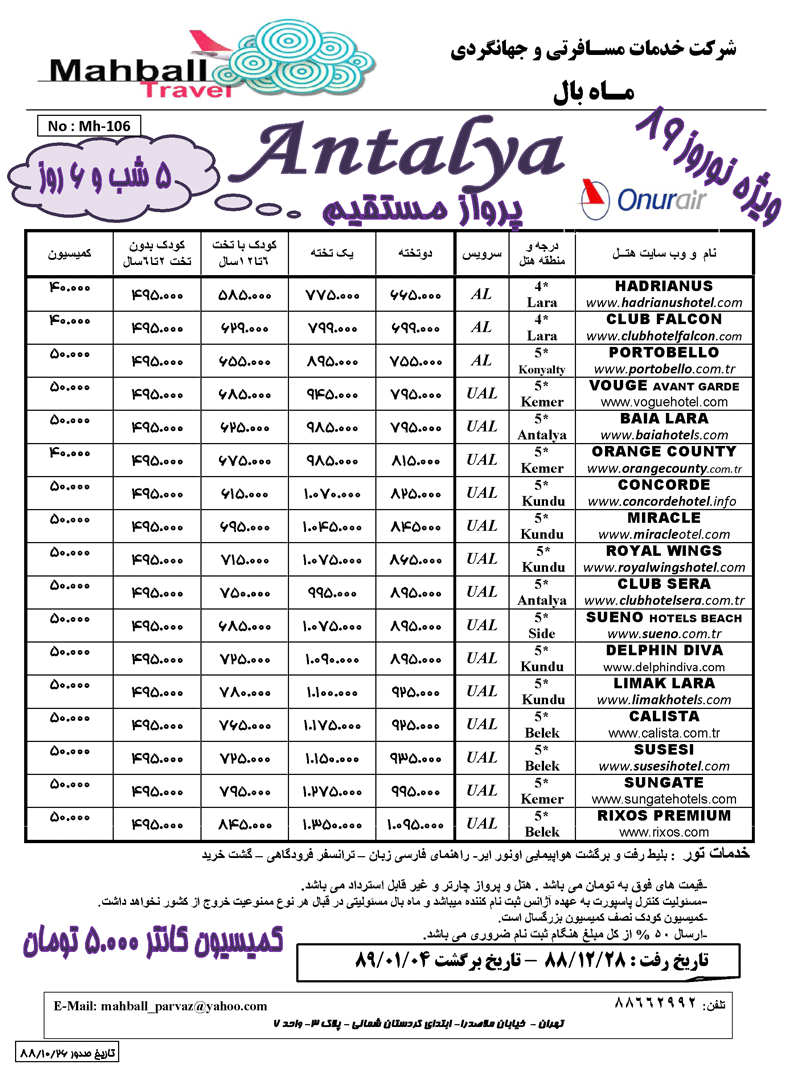 تور آنتاليا ويژه نوروز با پرواز اونور اير