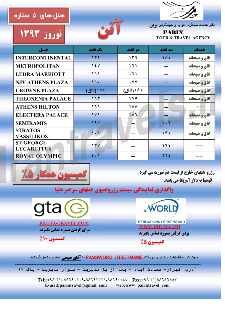 قيمت هتل هاي آتن / نوروز 93