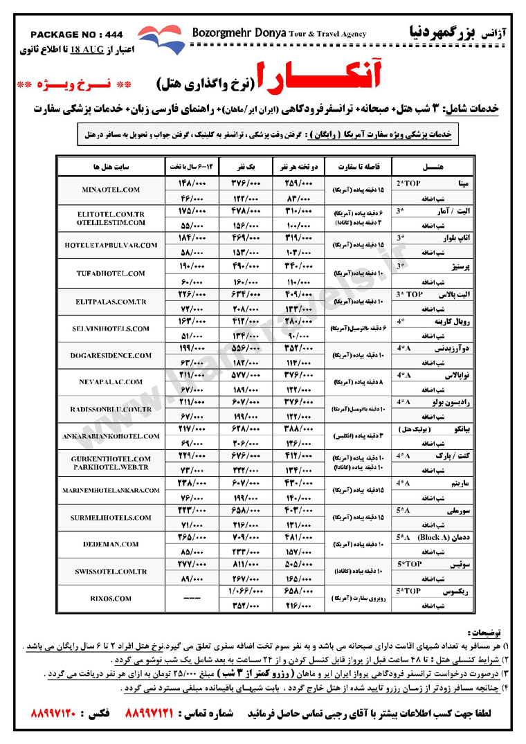 نرخ  واگذاري هتل هاي آنکارا